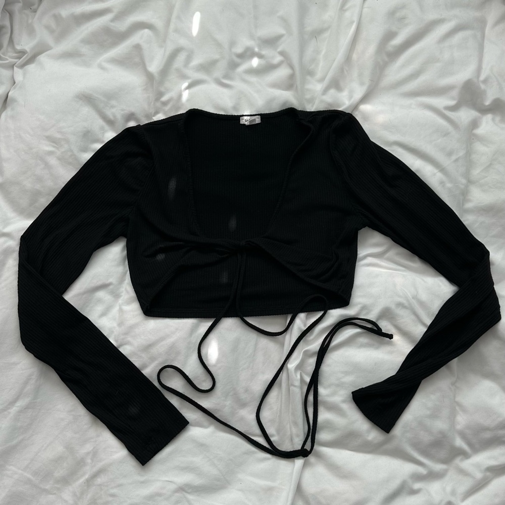 Black Long Sleeve Crop Top by Garage Clothing cross body sleeves